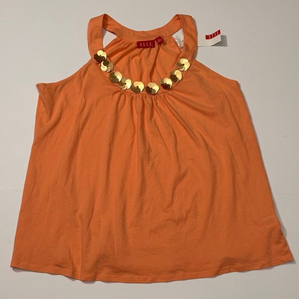 Elle Sleave-less tank Top Shirt Orange Gold Sequin NWT | Women Size XL